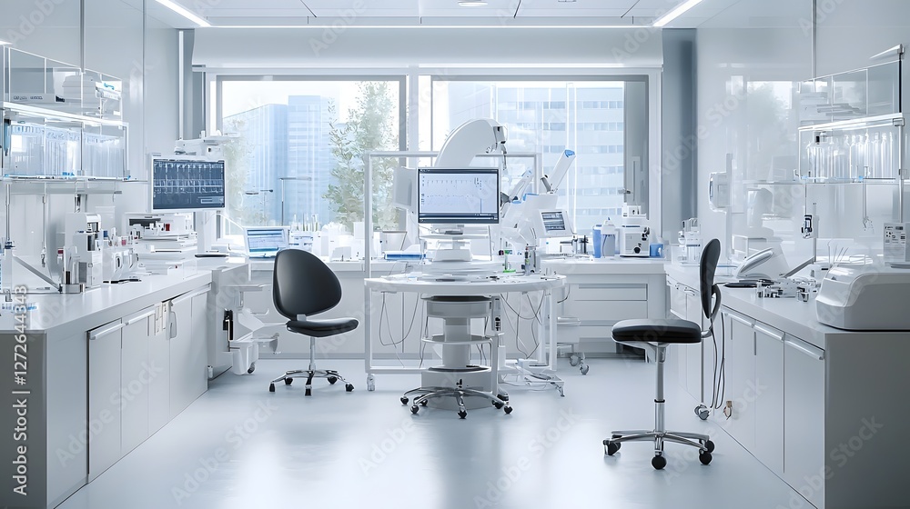 Poster futuristic and high tech genetic engineering laboratory equipped with crispr cas9 gene editing tools