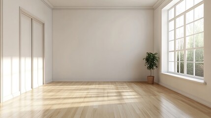 Bright and Minimalist Interior of Modern Room with Sunlight Streaming Through Windows : Generative AI