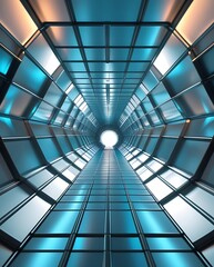 Naklejka premium Futuristic tunnel with a glowing white exit, symbolizing speed, technology, and progress, designed with sleek metallic surfaces and a high-tech atmosphere.
