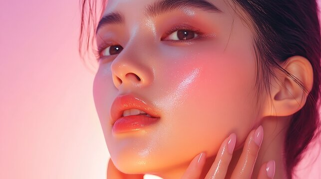 A modern beauty ad featuring an Asian model gently pressing essence into her skin, her complexion luminous and flawless, soft pastel lighting, minimalist composition, dewy finish,