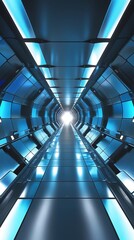 Obraz premium Futuristic tunnel with a glowing white exit, symbolizing speed, technology, and progress, designed with sleek metallic surfaces and a high-tech atmosphere.