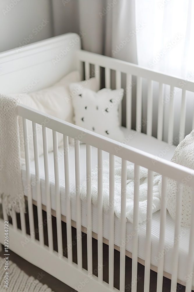 Poster Cozy White Crib with Soft Textiles in a Bright Nursery Setting : Generative AI