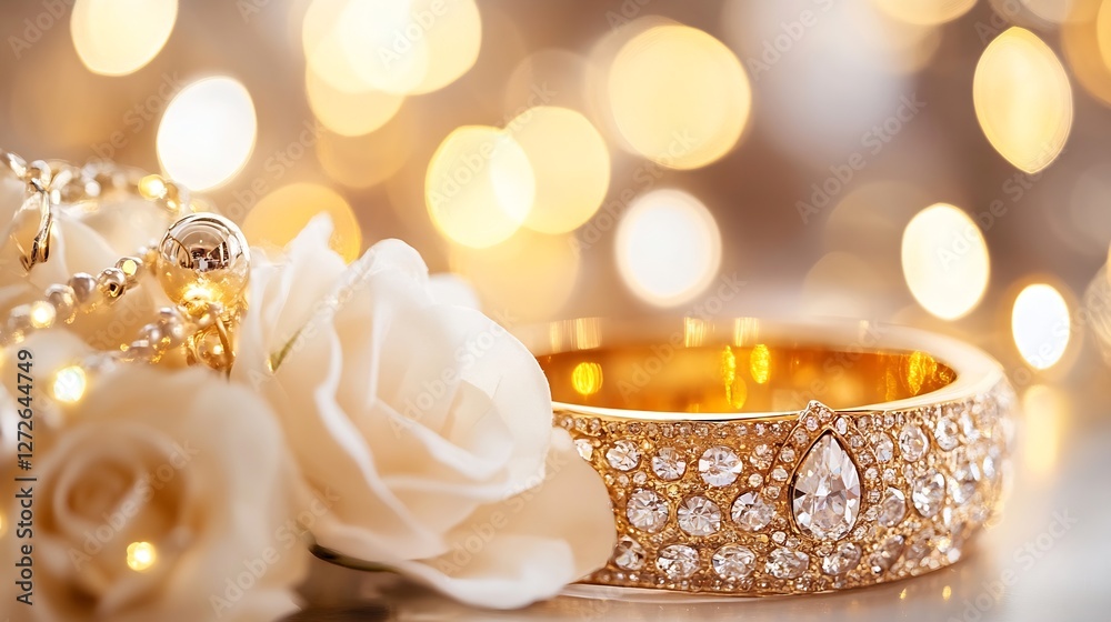 Poster elegant gold bracelet adorned with diamonds and surrounded by delicate roses and soft bokeh lights :