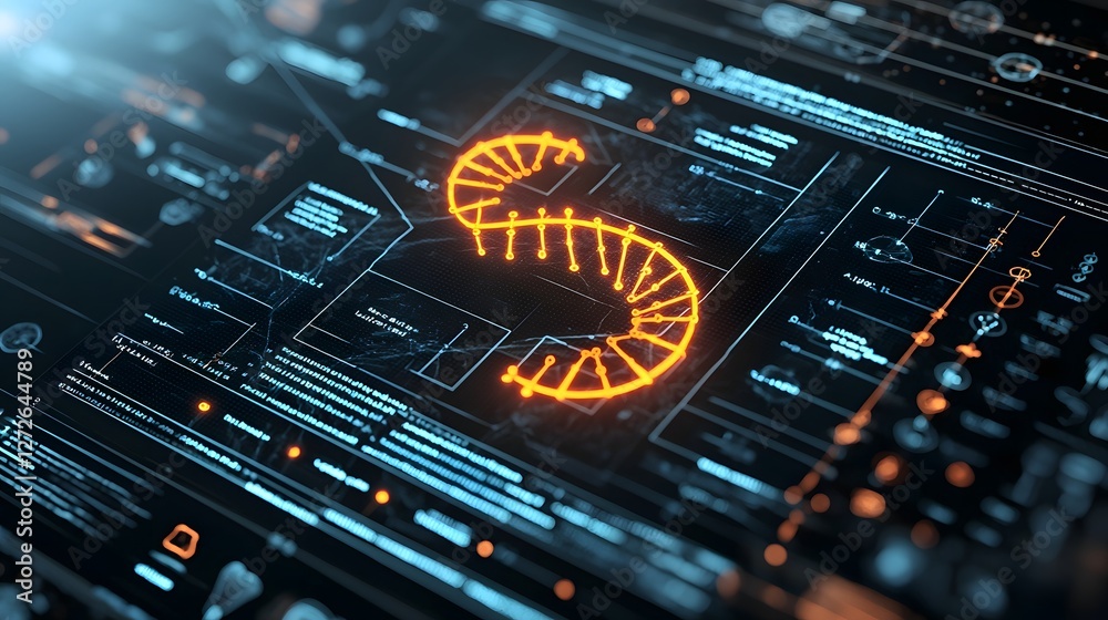 Poster Glowing digital representation of a DNA sequence displayed on a futuristic touchscreen interface  The abstract vibrant pattern depicts the intricate genetic code in a visualized technological form