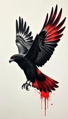 Fototapeta premium Black and Red Eagle Flying with Blood Splatter Illustration