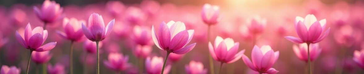 Fototapeta premium A field of soft plum-colored blooms swaying gently, blooming, fauna, wind