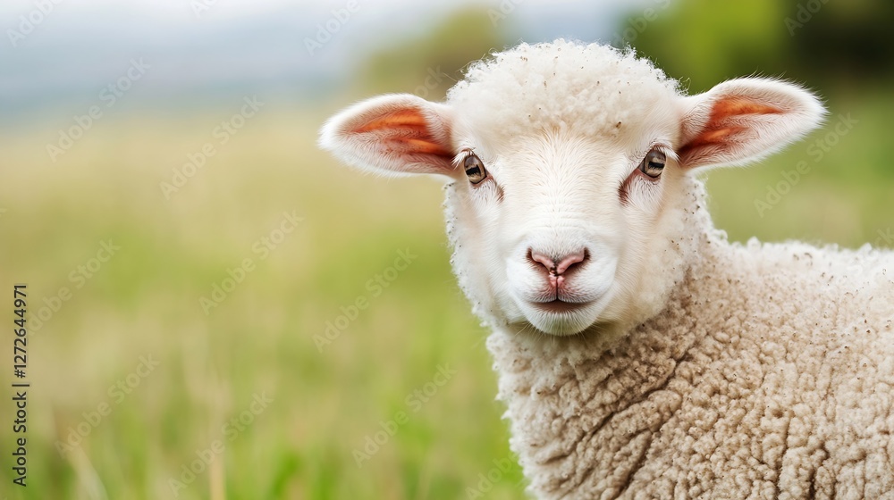 Aufkleber adorable close up of a playful lamb with fluffy wool in a green field : generative ai