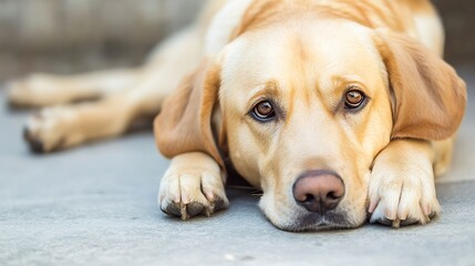 Adorable yellow labrador retriever dog looking sad with big brown eyes resting on the ground : Generative AI