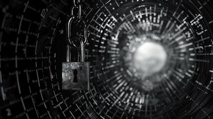 Obraz premium A futuristic black and white digital illustration featuring a padlock with an abstract cyber network in the background, symbolizing cybersecurity and data protection