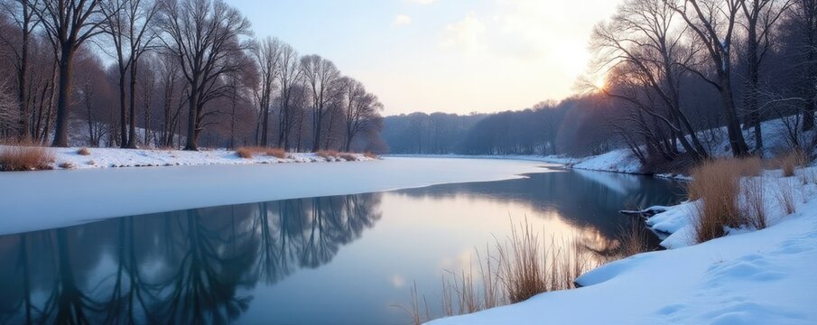 A frozen pond reflects a serene winter landscape in Framingham, peaceful, massachusetts, framingham