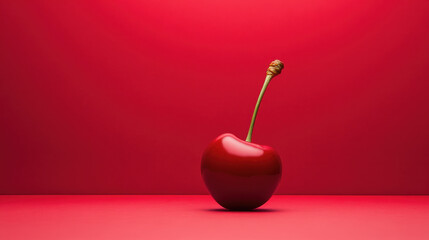 Closeup minimalist image of a single bing cherry on a red table against a red background.