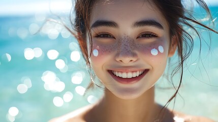 A playful beauty shot of an Asian model with sunscreen dots on her cheeks and nose, smiling under the bright sun, crystal-clear water sparkling behind her, fresh and youthful summer vibes,