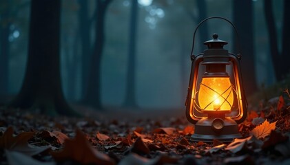 A glowing orange lantern in the darkness of a forest, autumn, eerie
