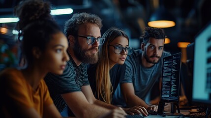 Diverse Group of Professionals Analyzing Data on Monitors in Modern Office Environment with Emphasis on Financial and Marketing Projects