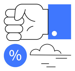 Fist in a blue shirt, percentage symbol, and cloud with lines below. Ideal for business, finance, weather forecasting, determination, focus planning productivity growth. Abstract line flat