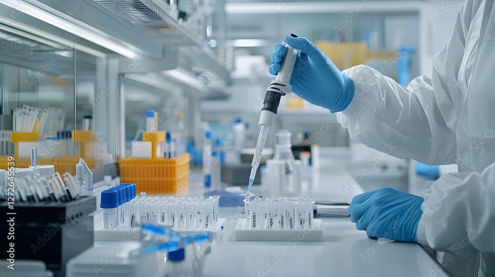 Poster Professional scientist carefully using a micropipette to precisely transfer DNA samples for analysis in a clean sterile laboratory setting  The image showcases the scientific equipment workspace
