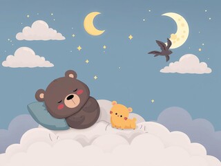 Cute bears sleeping on the moon and flying in a dream on clouds cartoon illustration, whimsy, animals, bear
