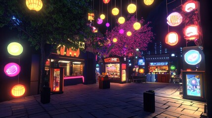 Obraz premium Neon Nightscape: Vibrant Asian Night Market