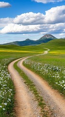 Fototapeta premium A winding dirt path leads through a vibrant green landscape under a bright blue sky with fluffy clouds and distant mountains.