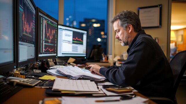 Professional Financial Analyst Reviewing Investment Trends at Night in Modern Office with Multiple Computer Monitors and Papers