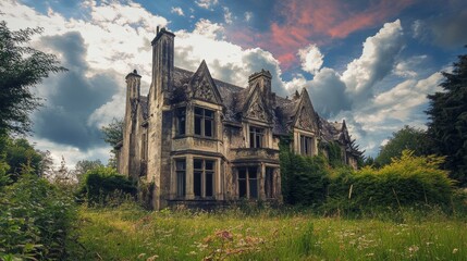 Eerie Aged Manor House Amid Lush Overgrowth and Dramatic Summer Clouds