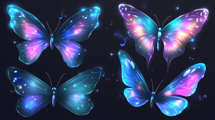 Butterfly fairy wings on transparent background with colored iridescent butterflies. Magical Iridescent Butterflies. Illustration