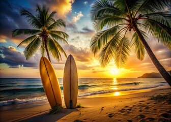 Sunset Surfboards on Tropical Beach: Summer Vacation Paradise