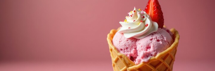 A scoop of strawberry ice cream with whipped cream and sprinkles in a waffle cone, tasty, ice cream, strawberry