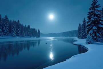 A serene frozen lake glistens in the silver light of a full moon with surrounding evergreen trees, snow, calm