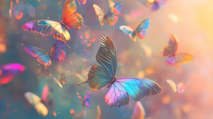 Ethereal metallic butterflies in spiral formation iridescent wings catching light soft misty background romantic composition. Magical Iridescent Butterflies. Illustration