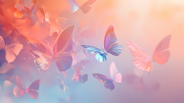 Ethereal metallic butterflies in spiral formation iridescent wings catching light soft misty background romantic composition. Magical Iridescent Butterflies. Illustration