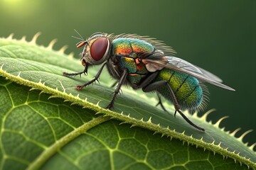 Naklejka premium Macro Fly on Leaf: A vibrant macro shot of a common fly with iridescent green and copper hues perched delicately on a textured green leaf, showcasing the intricate details of nature. 