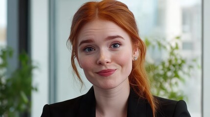 Red haired woman smiling subtly in a business suit