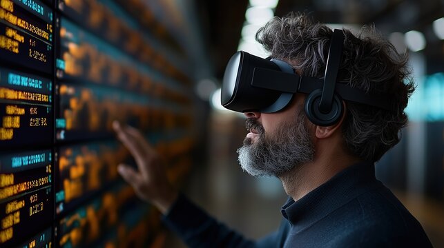 Man Using Virtual Reality Headset for Financial Analysis and Marketing Strategy Development in Economic Environment
