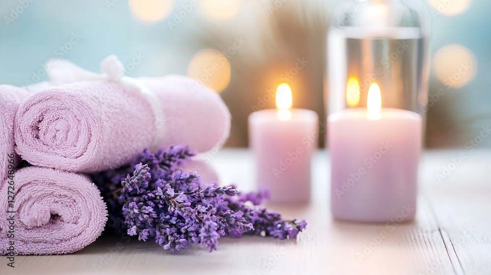 Poster relaxing lavender spa scene with candles and soft towels for tranquil ambiance : generative ai
