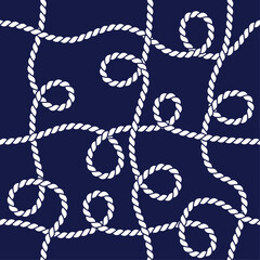 Seamless marine rope knot pattern.Trendy textured backdrop nautical knots on dark background. Vector illustration for print.