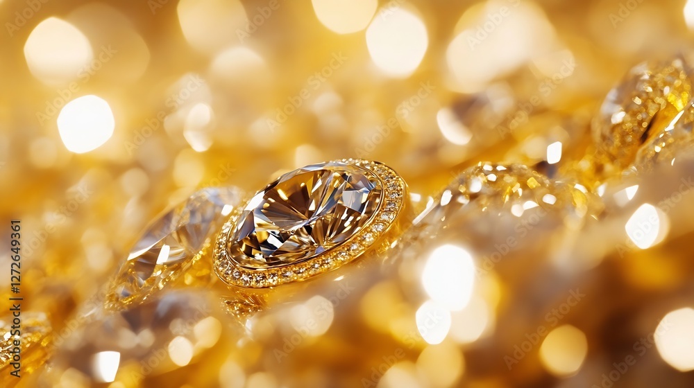 Poster close up view of sparkling gold and diamond jewelry on a glimmering surface : generative ai