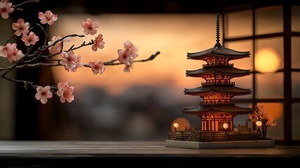 Obraz premium Illuminated pagoda model with cherry blossoms at sunset.