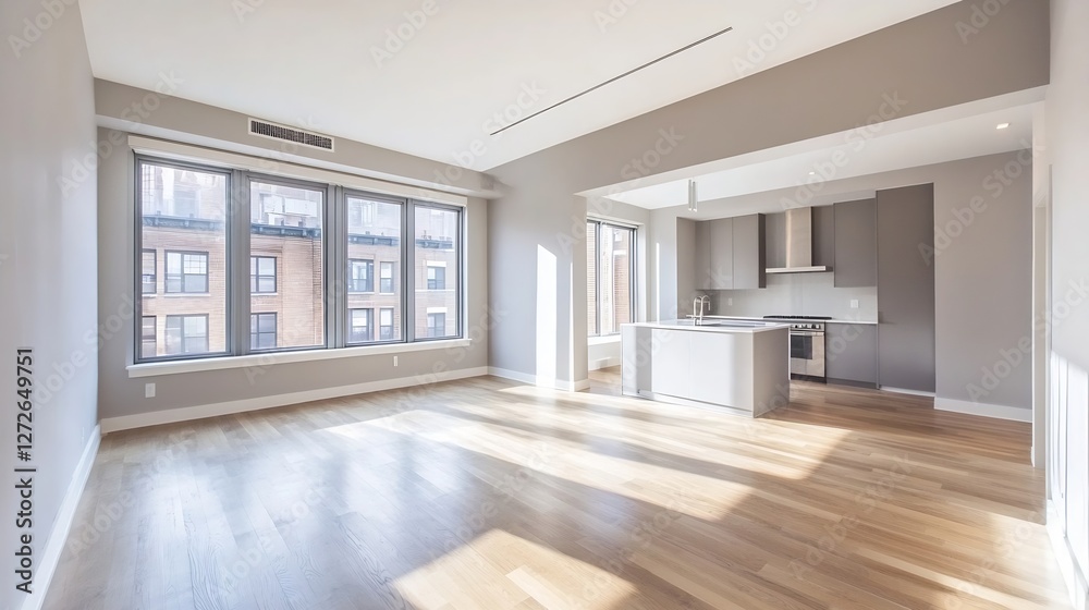 Aufkleber spacious modern apartment with large windows and natural light casting on wooden floors and minimali