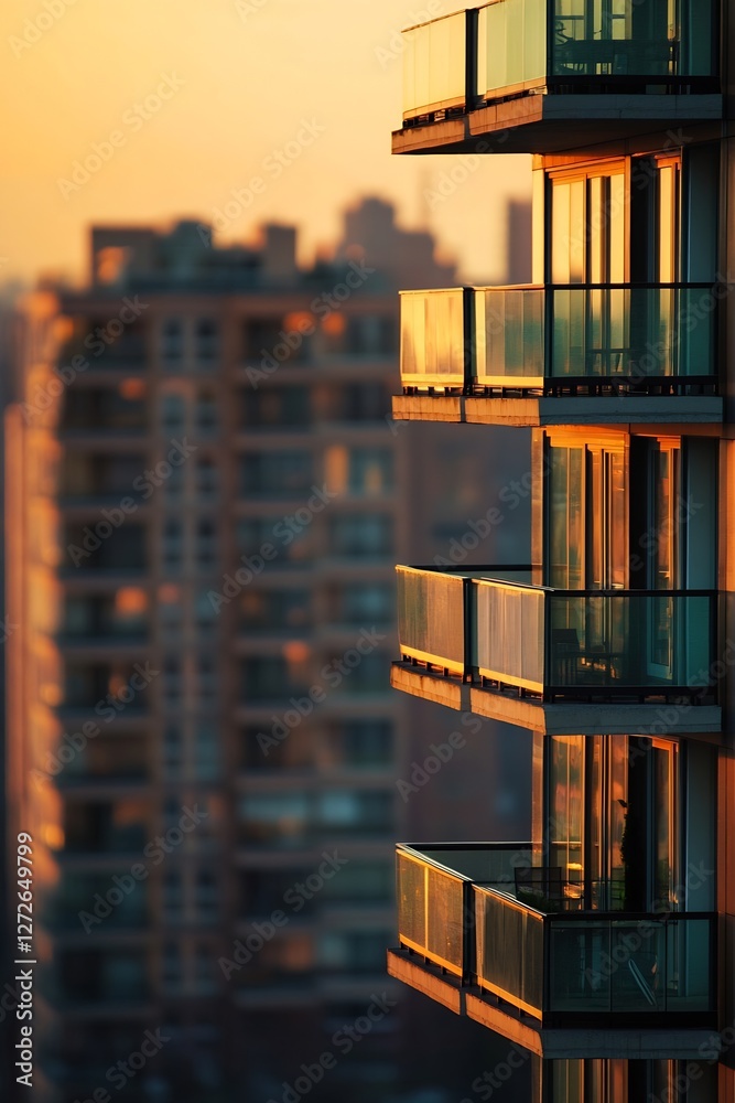 Poster sunset reflections on modern apartment balconies in a cityscape setting : generative ai