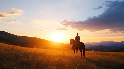 Silhouette of Man Riding Horse Against Vibrant Sunset on Open Field : Generative AI