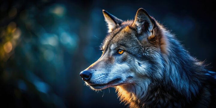 Intense wolf head silhouette, a macro wildlife portrait, dark nature's artistry.