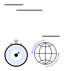 Stopwatch and globe with blue arrows signifying global speed and connection. Ideal for time management, travel, global communication, efficiency, business, logistics, project timelines. Line metaphor