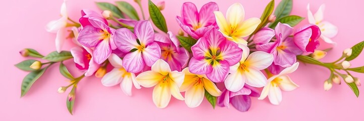 Fototapeta premium Colorful flowers in shades of pink, purple, and yellow beautifully arranged on a soft pastel pink background, vibrant, blossom, bloom