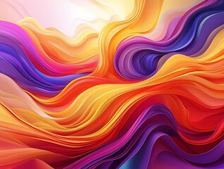 Obraz premium Colorful abstract 3D paper art with layered, fluid waves in shades of orange, red, purple, and yellow, creating a dynamic and modern background with depth and movement.