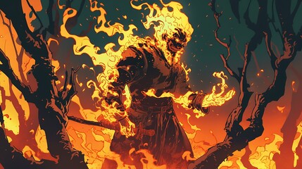 mysterious man with fire power, his whole body is made of fire, colorful anime style