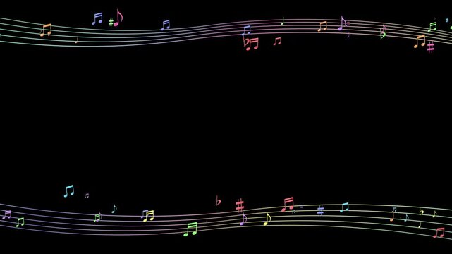 画面の上下を音楽の五線譜と音符が横に流れていくアルファチャンネル付き素材、虹色の色味 
Material with alpha channel of music staff and notes flowing horizontally across the top and bottom of the screen, rainbow coloring