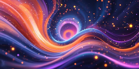 Obraz premium Vibrant abstract digital artwork with swirling, fluid light trails in shades of orange, purple, and blue, creating a dynamic energy flow with glowing particles and motion effects.