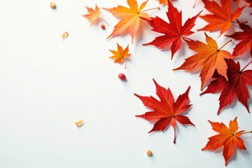 Fototapeta premium Burnt orange leaves fall gently on pristine white surface, red sugar maple, foliage