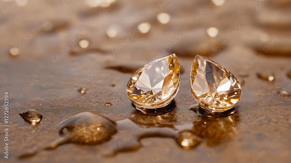 Aufkleber elegant golden water drops on shiny facets of sparkling crystal gems : generative ai